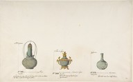 Design for Three Vases, Anonymous, French, 18th century, Pen and brown ink, watercolor