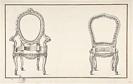Design for Two Chairs, Anonymous, French, 18th century, Pen and black ink, brush and gray wash over graphite; framing lines in pen and brown ink.