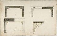 Designs for Tables, Anonymous, French, 18th century, Pen and gray and black ink, brush and yellow and gray wash, over black chalk