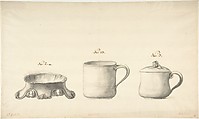 Design for a Salt Celler and Two Cups, Anonymous, French, 18th century, Pen and gray and rose ink, brush and gray wash