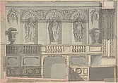 Design for a Court Theatre, Anonymous, French, 18th century, Pen and black ink, brush and gray, pink and yellow washes