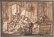 Interior with Figures, Anonymous, French, 18th century, Pen and brown ink, brush and brown wash over red chalk.
