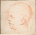 Child's Head, Anonymous, French, 18th century, Red chalk; framing lines in pen and brown ink