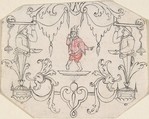 Arabesque Cartouche with Dancing Figure, Anonymous, French, 18th century, Pen and black ink, graphite, and red crayon