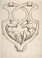 Two Female Figures in Interlaced Cartouche Design for Door Knocker, Anonymous, French, 19th century, Graphite, brush and brown wash