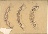 Three Designs for Plate Borders (recto); Three Designs for Plate Borders (verso), Anonymous, French, 19th century  French, On recto, graphite, watercolor, gouache, and gold gilt. Framing lines in graphite. On verso, brush and brown wash.