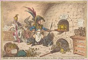 Tiddy-Doll, the Great French-Gingerbread-Baker; Drawing Out a New Batch of Kings, His Man Hopping Talley, Mixing Up the Dough, James Gillray British, Hand-colored etching