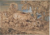 Pastoral Scene:  Nomads with Sheep and Cattle, Giovanni Benedetto Castiglione (Il Grechetto) (Italian, Genoa 1609–1664 Mantua), Brush, brown, red-brown, blue, and white paint, on brownish paper