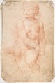 Study of a Seated Putto Looking at His Right (recto); A Woman's Head, Study after the Antique (verso), Anonymous Roman (?), Early 17th Century, Red chalk; framing lines in black chalk