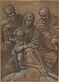 The Virgin and Child with Two Male Saints, Giacomo Cavedone (Italian, Sassuolo 1577–1660 Bologna), Charcoal, brush and brown wash, white oil paint, on brown paper