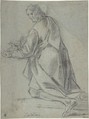 Kneeling Youth Facing Left, Giacomo Cavedone (Italian, Sassuolo 1577–1660 Bologna), Black chalk highlighted with white on blue paper