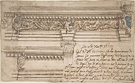 Design for Painted Corner and Frieze of the Choir in the Church of the Servi in Bologna, Giovanni Andrea Castelli (Italian, active in Bologna first half 17th century), Pen and brown ink, brush and blue, green, orange and brown wash over traces of black chalk