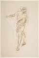 Standing Male Figure with Right Arm Extended (recto); Seated Male Figure (verso), Romulo Cincinnato (Italian, Florence ca. 1540–1597/98 Madrid), Pen and brown ink (recto); seated male figure in pen and brown ink (in part cut off) (verso)