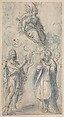 The Virgin and Child with Saint John the Baptist, Pope Saint Dionysius, Filippo Neri and a Male Saint, Baccio (Lorenzo Bartolo) Ciarpi (Italian, Barga, near Lucca 1578–1654 Rome), Black chalk, highlighted with blue wash