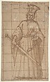 Standing Male Figure Holding a Sword (King Otto of Hungary; recto); Sketch of Standing Male Figure (verso), Cigoli (Ludovico Cardi) (Italian, Castello di Cigoli 1559–1613 Rome), Pen and brown ink, brush and brown wash, over black chalk; squared in pen and brown ink; accidental white paint stains (recto); pen and brown ink (verso)