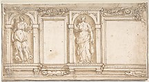 Design for Wall Decoration with Two Female Figures, Il Pomarancio (Niccolò Circignani) Italian, Pen and brown ink, brush and brown wash, over black chalk