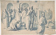 Christ and the Woman Taken in Adultery, attributed to Belisario Corenzio (Italian (born Greece),  Achaea 1558–1646 Esperia, Lazio), Brush and blue wash, over slignt traces of black chalk