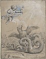 Design with an Eagle Fighting with a Serpent and a Putto in the Sky Holding an Inscribed Banner., Pietro da Cortona (Pietro Berrettini) (Italian, Cortona 1596–1669 Rome)  , School of, Pen and black ink, brush and black wash over traces of black chalk, highlighted with white and blue-gray gouache, on light brown paper