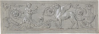 Design for a Decorative Frieze, Anonymous, French, 19th century, Graphite, black chalk, brush and brown wash, heightened with white; framing lines in black chalk