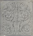 Design for Sculpted Ornament, Anonymous, French, 19th century, Black chalk heightened with white; framing lines in black chalk