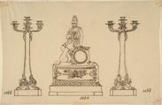 Design for a Set of Candlesticks and a Clock, Anonymous, French, 19th century, Pen and brown ink