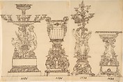 Designs for Two Candelabras and Two Urns, Anonymous, French, 19th century, Pen and brown ink