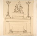 Designs for Fireplace Iron, Mantle Candlesticks and a Clock, Anonymous, French, 19th century, Pen and brown ink