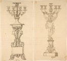 Designs for Two Candelabras, Anonymous, French, 19th century, Pen and brown ink