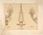 Designs for Two Sconces and a Chandelier, Anonymous, French, 19th century, Pen and brown ink