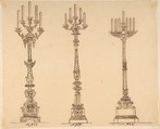 Designs for Three Candelabras, Anonymous, French, 19th century, Pen and brown ink