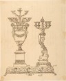 Designs for Two Candelabras and a Pedestal, Anonymous, French, 19th century, Pen and brown ink