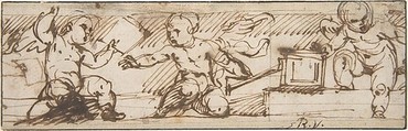 Putti with a Small Keyboard Instrument and Music Books, Daniele Crespi (Italian, Busto Arsizio 1597/1600–1630 Milan), Pen and brown ink