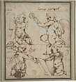 Putti with a Mitre, Crosier Mace, Book, and Candle, Daniele Crespi  Italian, Pen and brown ink on faded blue paper