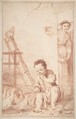 Marcolfa Discovers BertoldinoTrying to Hatch Eggs (recto); Sketch of Bertoldino (verso), Giuseppe Maria Crespi (Italian, Bologna 1665–1747 Bologna), Red chalk (recto); faint black chalk sketch of Bertoldino (verso)
