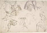 Figure Studies: The Holy Family, a Running or Dancing Child, Drapery Studies, Francesco Curia (Italian, documented Naples 1565/70–1608 Naples), Pen and brown ink, brush and pale violet wash.