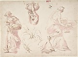 Figure Studies: Woman Carrying a Basket; Woman Carrying a Vase, and Woman Seated at a Table, Francesco Curia (Italian, documented Naples 1565/70–1608 Naples), Pen and brown ink, brush and violet wash.