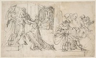 Woman Kneeling before a Standing Man, and Supplicant Kneeling before an Enthroned Male Figure, Francesco Curia (Italian, documented Naples 1565/70–1608 Naples), Pen and brown ink