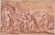 Joseph Sold by His Brethren, Giovanni Battista Discepoli ("Il Zoppo") (Italian, Castagnola 1590–1660 Milan (?)), Brush and red wash, highlighted with white, over red chalk, on red-washed paper