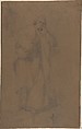 Standing Draped Male Figure, His Left Arm Resting on a Pillar, Cesare Dandini (Italian, Florence 1596–1657 Florence), Black chalk (with some traces of reworking in graphite by a restorer), on dark brown washed paper; glued onto secondary paper support.