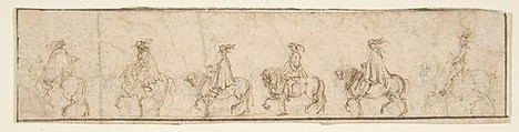 Procession of Six Horsemen in Profile View Facing Left, Stefano della Bella (Italian, Florence 1610–1664 Florence), Pen and brown ink over traces of graphite; traces of framing lines in pen and brown ink