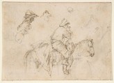 A Peasant on Horseback seen in Profile Facing Right; Two Studies of the Same Man's Head., Stefano della Bella (Italian, Florence 1610–1664 Florence), Pen and brown ink; traces of sketches in graphite