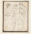 Three Standing Figures in Antique Costume, Stefano della Bella (Italian, Florence 1610–1664 Florence), Pen and brown ink; framing lines in dark brown ink