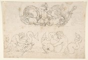 Designs for Ornamental Motifs with Figures, Real and Imaginary Animals, and Coats of Arms of the Medici Grand Dukes, After Stefano della Bella (Italian, Florence 1610–1664 Florence), Pen and brown ink over black chalk or leadpoint (?)