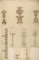 Designs for Three Planters, Three Candelabras, a Dish and a Serving Tray, Anonymous, French, 19th century, Pen and brown ink