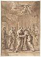 The Visitation, Nicolas Mignard  French, Graphite, red chalk, pen and black ink, brush and brown and gray wash, heightened with white gouache; framing lines in pen and black ink