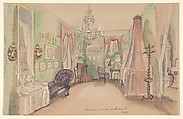 Drawing of an Interior: Bedroom, Anonymous, French, 19th century, Graphite, pen and blue ink, watercolor