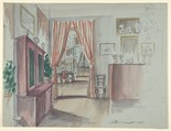 Drawing of an Interior: Salle à manger, Anonymous, French, 19th century, Graphite, pen and blue and red ink, watercolor