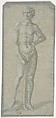 Standing Youth Holding a Club (recto); Temptation of Adam and Eve (verso), Anonymous artist near Domenico Veneziano (Italian, active by 1438–died 1461 Florence), Brush and gray wash, highlighted with brush and white gouache, on faded blue paper (recto); fragment of the Temptation of Adam and Eve in pen and brown ink, over black chalk, on blue paper that has not faded (verso)