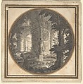 Imaginary Landscape with Classical Ruins; Fountain in Foreground, Carlo Fantaccini (Italian, documented Rome 1701–1750 Rome), Point of a brush and gray wash, over graphite; framing lines in pen and brown ink and bronze paint