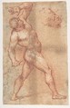 Male Nude with Left Arm Upraised, and a Further Study of His Head, Aniello Falcone (Italian, Naples 1607–1656 Naples), Red chalk